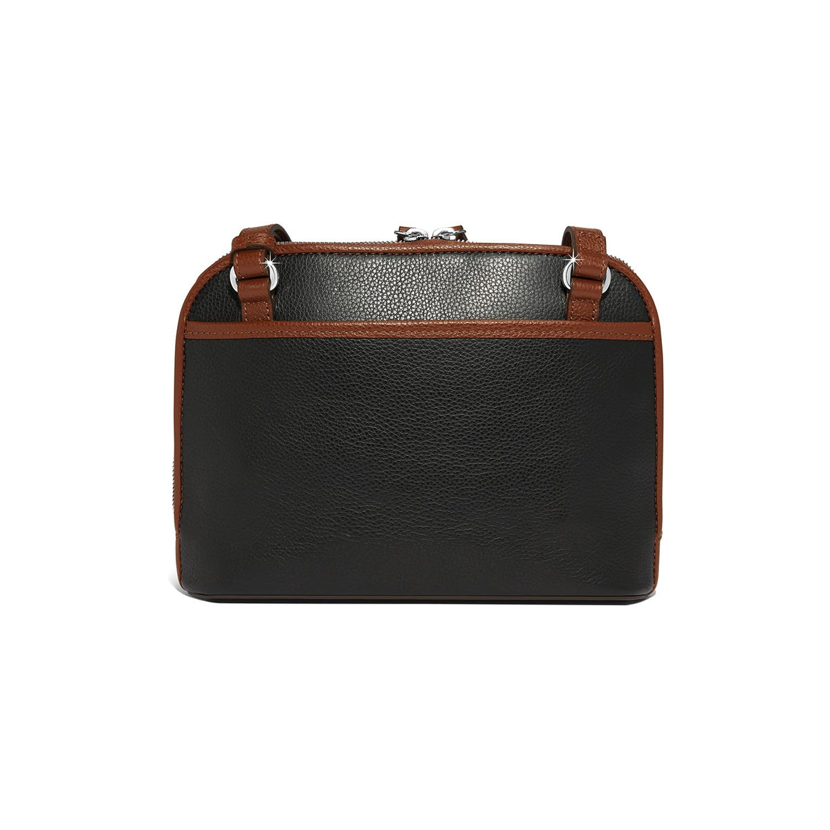 Brighton handbag shown from the back with black pebbled leather body and brown leather trim on a white background