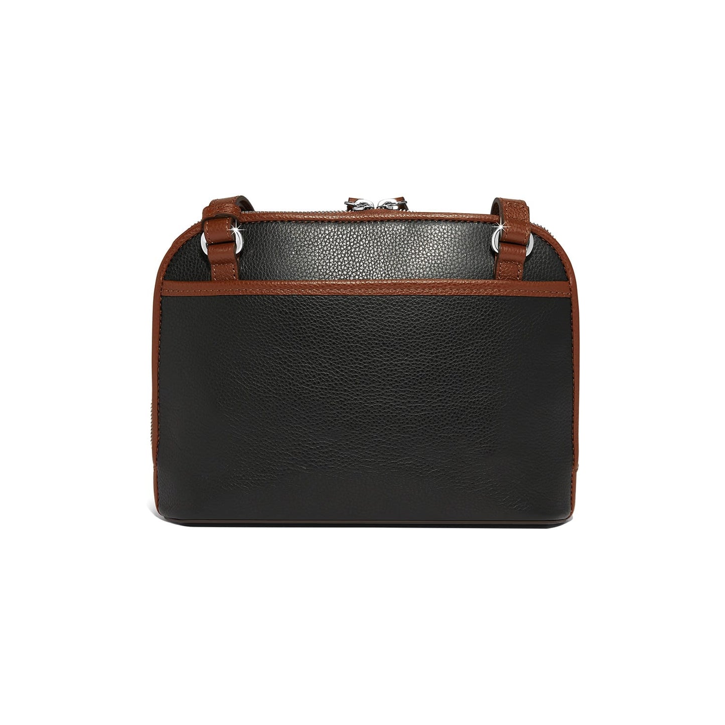 Brighton handbag shown from the back with black pebbled leather body and brown leather trim on a white background