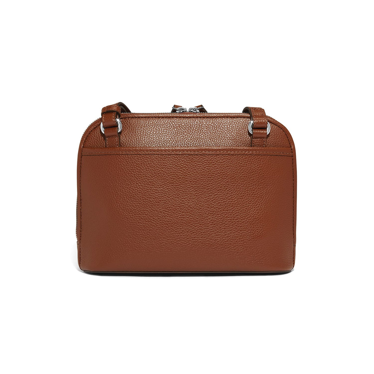 Brighton brown pebbled leather handbag shown from the back with silver-tone hardware and strap loops on a white background