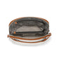 Brighton handbag interior view showing patterned fabric lining, zippered pockets, and tan leather trim on a white background