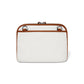 Brighton handbag shown from the back in white with tan leather trim and silver-tone hardware on a white background