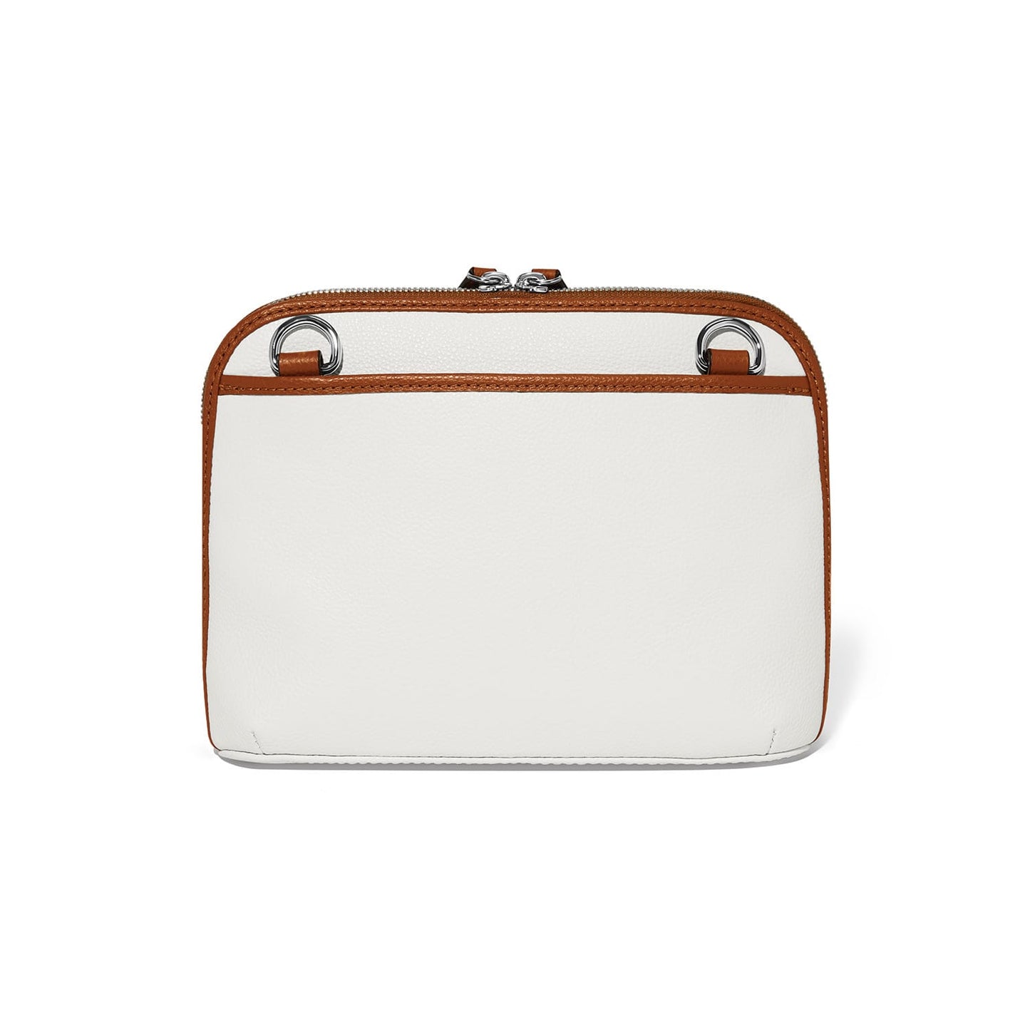 Brighton handbag shown from the back in white with tan leather trim and silver-tone hardware on a white background