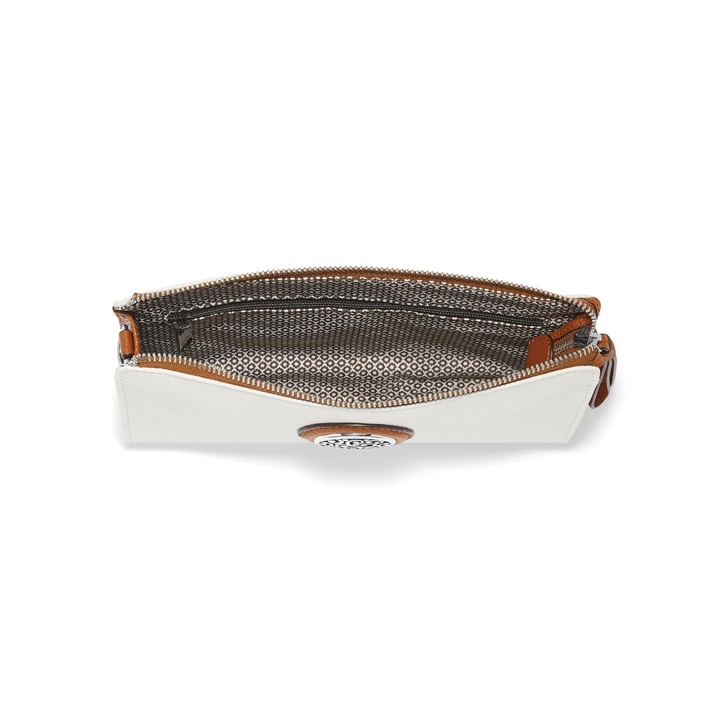 Brighton white leather handbag shown open with patterned interior lining, tan trim, and silver-tone medallion on a white background