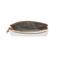 Brighton white leather pouch shown open with tan trim and patterned interior lining on a white background
