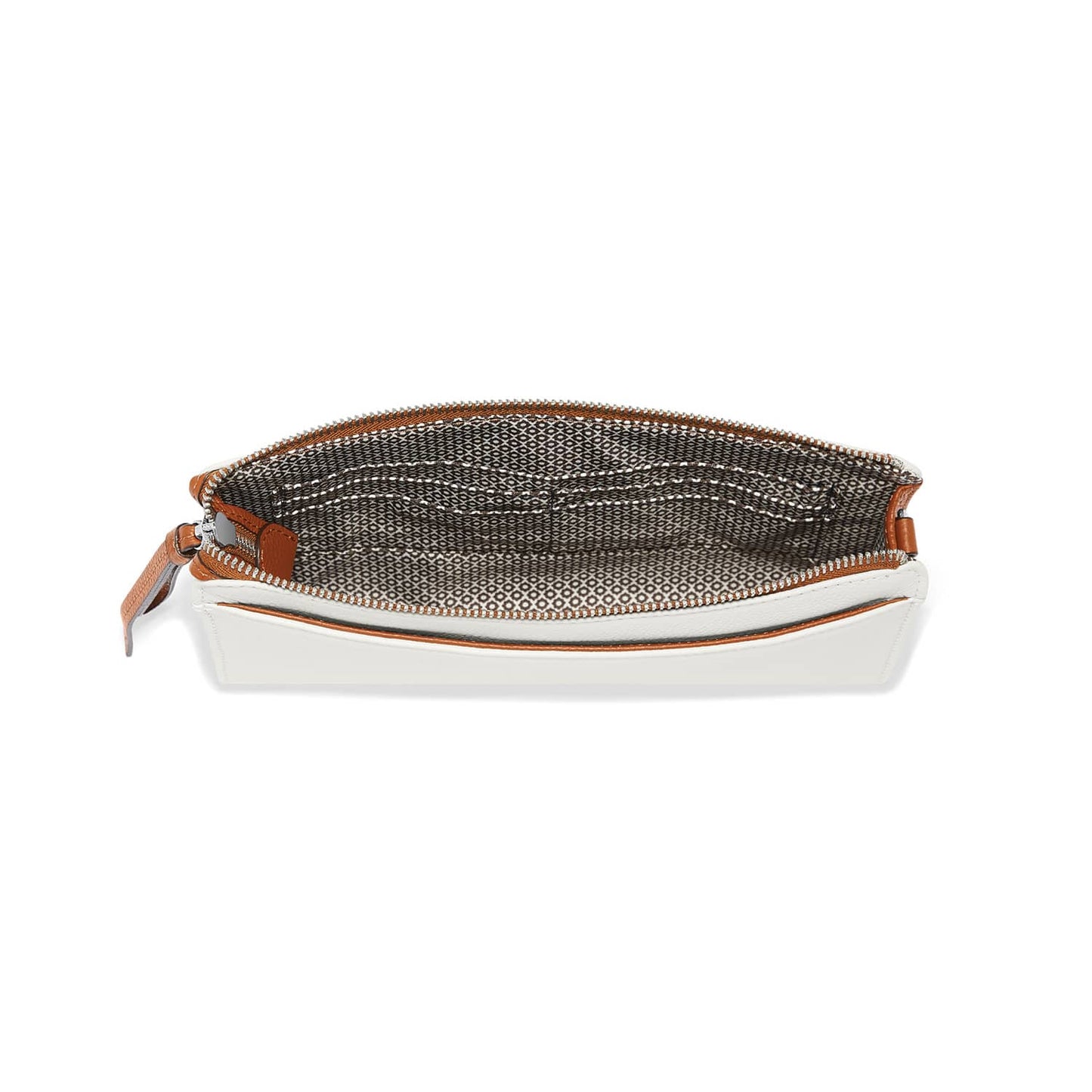 Brighton white leather pouch shown open with tan trim and patterned interior lining on a white background