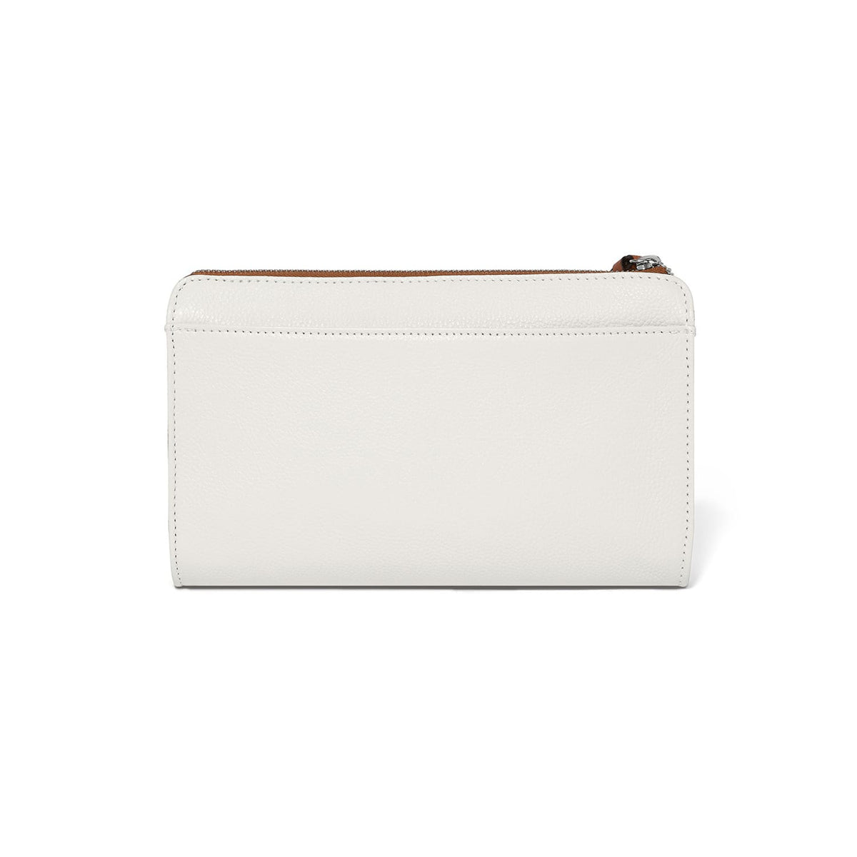 Brighton white pebbled leather wallet shown from the back with top zip closure on a white background