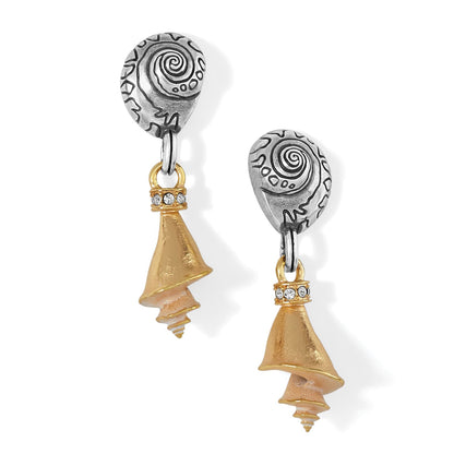 Brighton drop earrings with silver-plated swirl tops and rose gold-plated conch shell charms with crystal accents on a white background