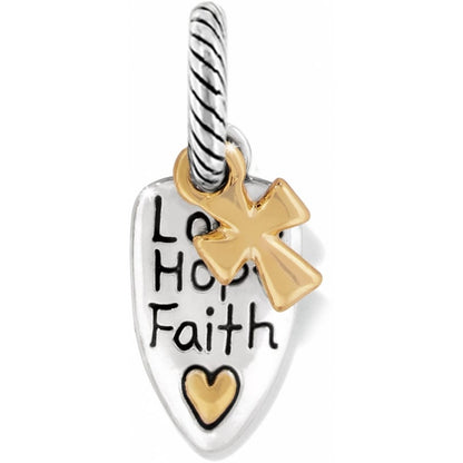 Brighton charm with silver-tone shield engraved Love Hope Faith, gold-tone cross and heart accents on a white background