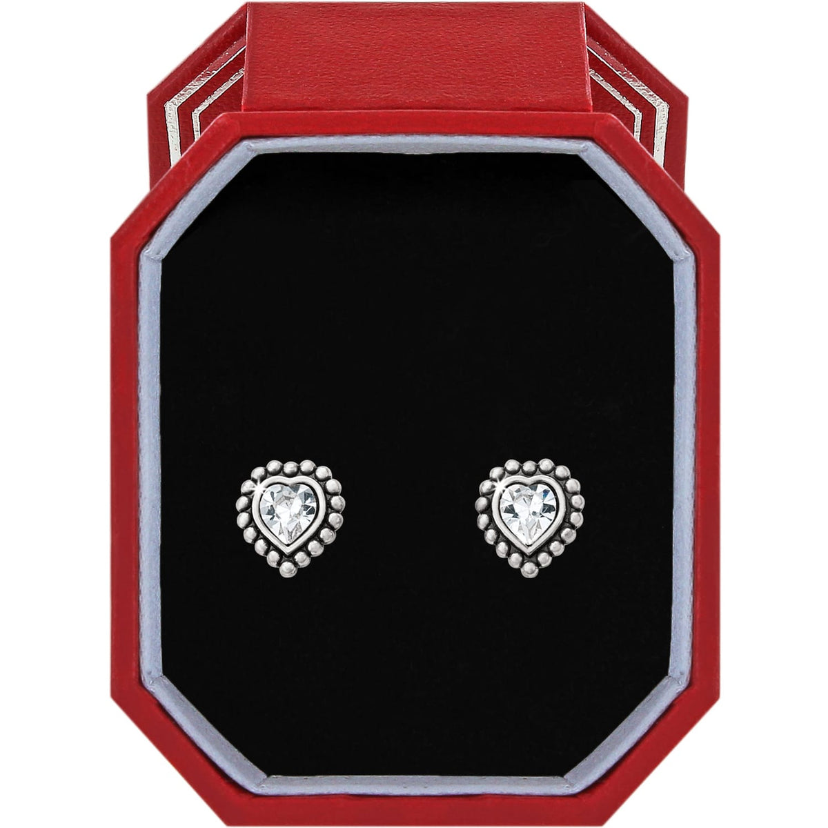 Brighton heart stud earrings with crystal centers and silver-plated beaded borders in a red gift box