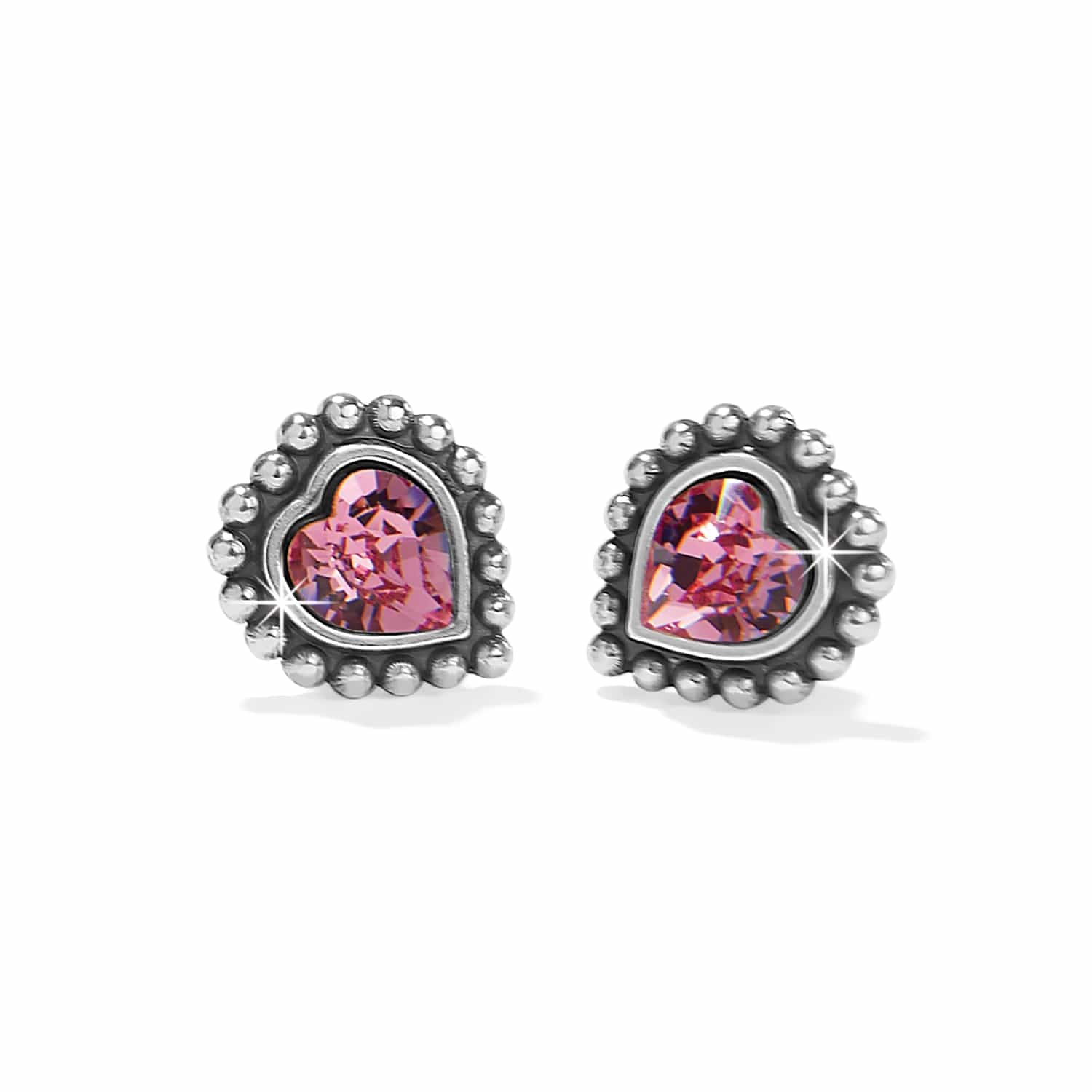 Brighton heart stud earrings with pink crystals and silver-plated beaded borders on a white background