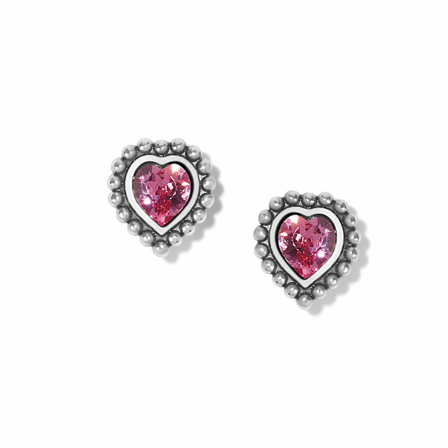 Brighton heart stud earrings with pink crystals and silver-plated beaded borders on a white background