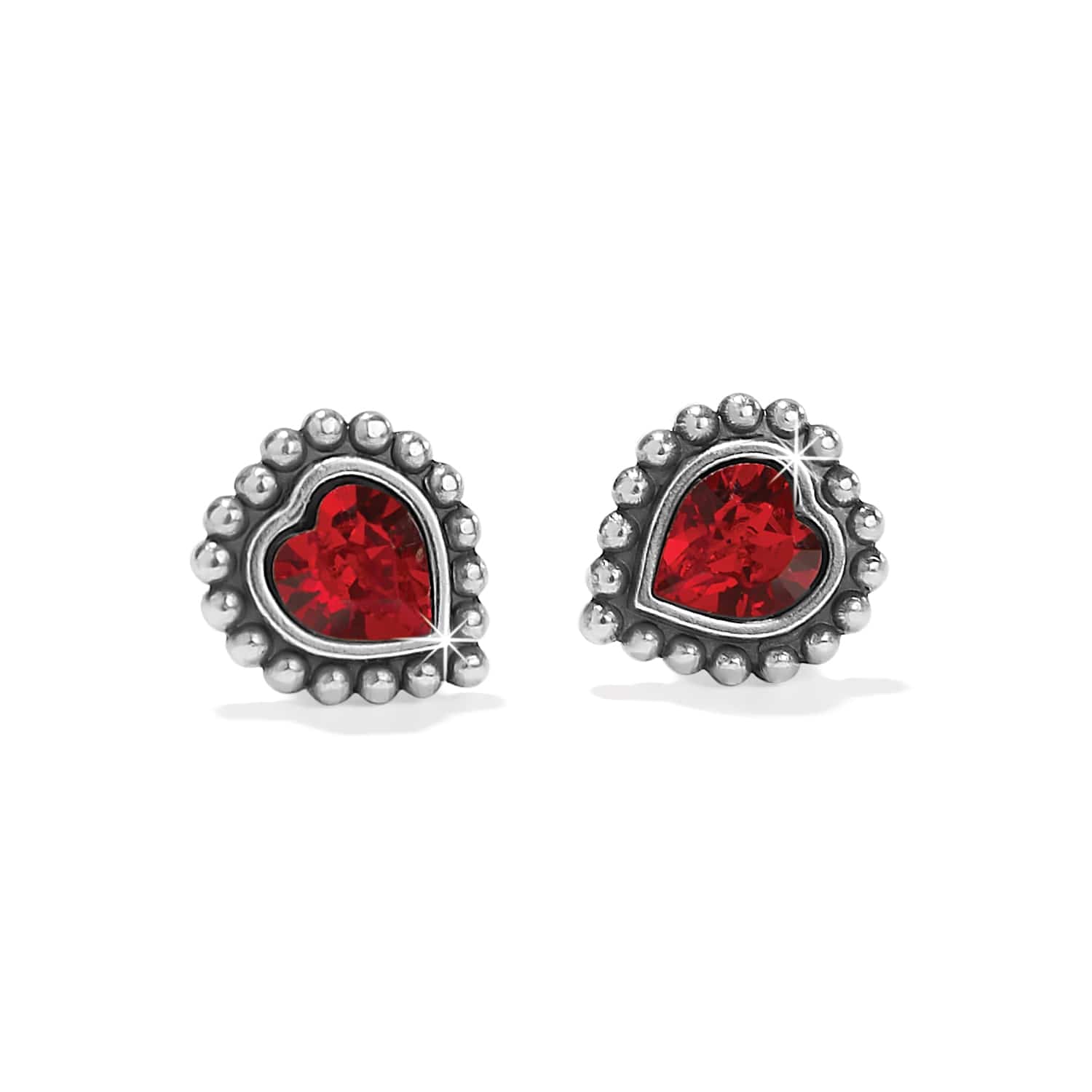Brighton heart stud earrings with red crystals and silver-plated beaded borders on a white background
