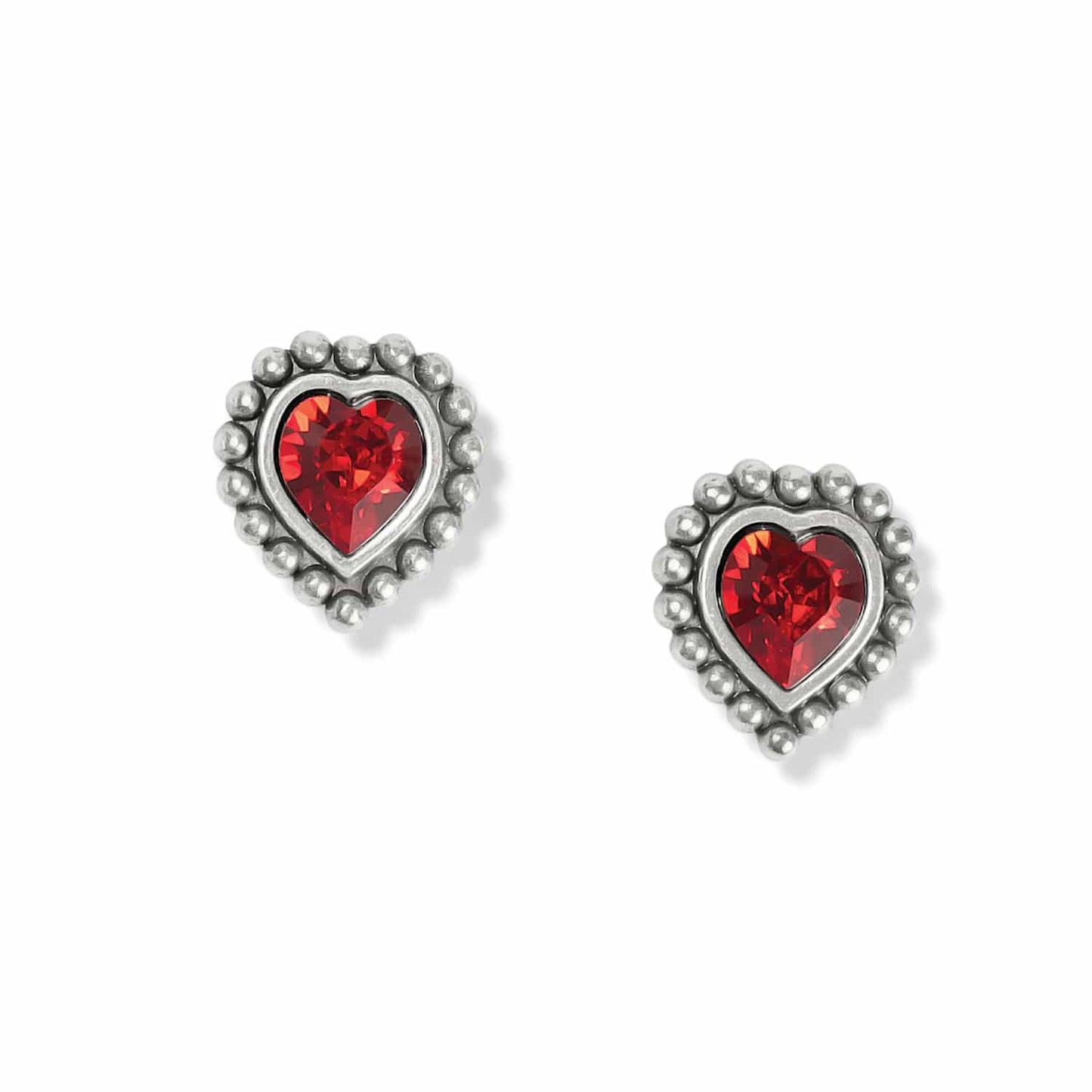 Brighton heart stud earrings with red crystals and silver-plated beaded borders on a white background