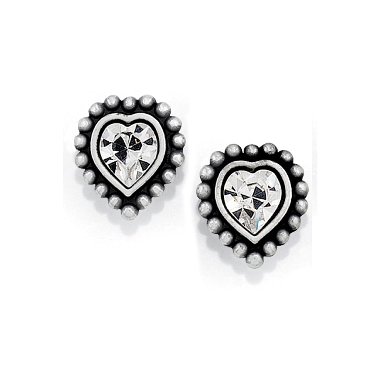 Brighton heart stud earrings with silver-plated beaded borders and faceted crystal centers on a white background