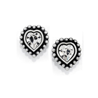 Brighton heart stud earrings with silver-plated beaded borders and faceted crystal centers on a white background