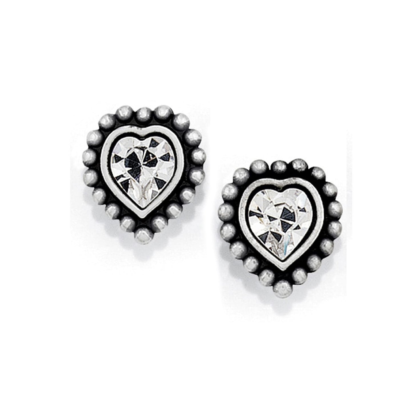 Brighton heart stud earrings with silver-plated beaded borders and faceted crystal centers on a white background