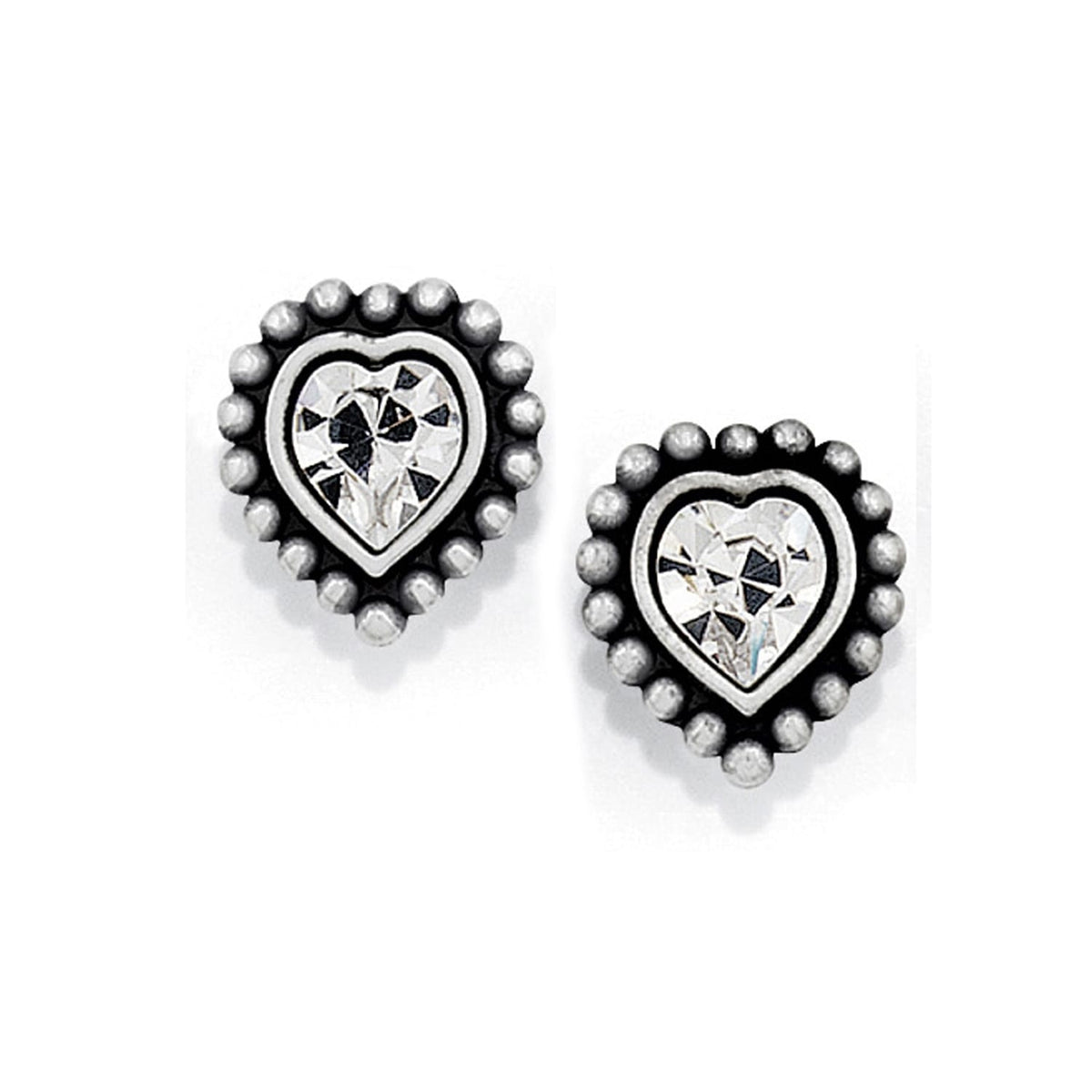 Brighton heart stud earrings with silver-plated beaded borders and faceted crystal centers on a white background