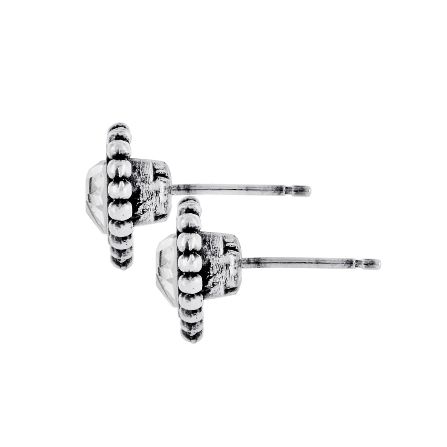 Brighton stud earrings shown from the side with crystal centers and silver-plated beaded borders on a white background