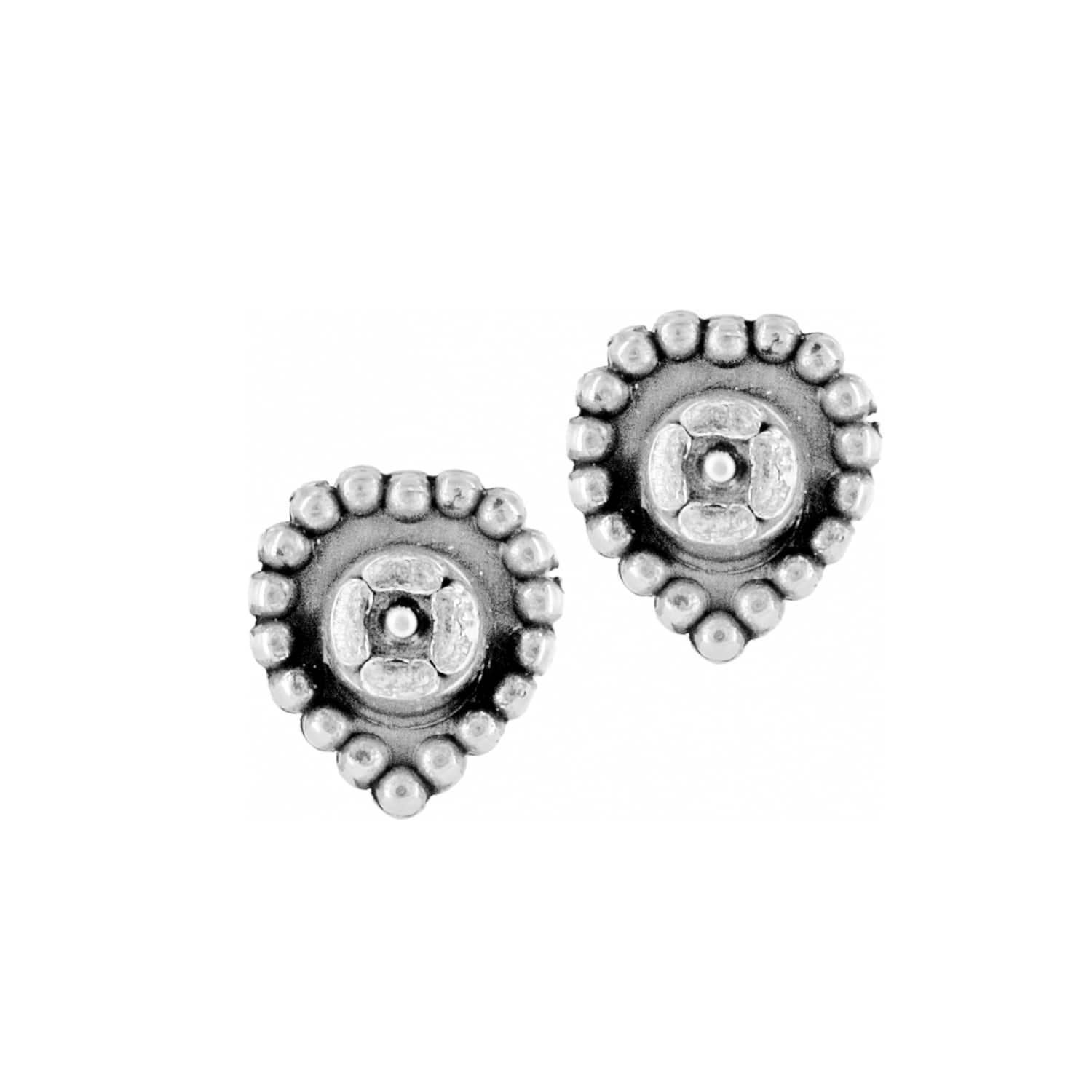 Brighton stud earrings shown from the back with silver-plated heart-shaped beaded frames and post backings on a white background