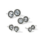 Brighton stud earrings set with crystals in silver-plated beaded frames in round and heart shapes on a white background