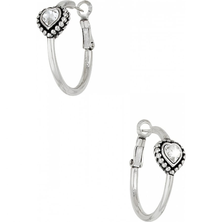 Brighton silver-plated hoop earrings with heart-shaped crystal stations and beaded detailing on a white background