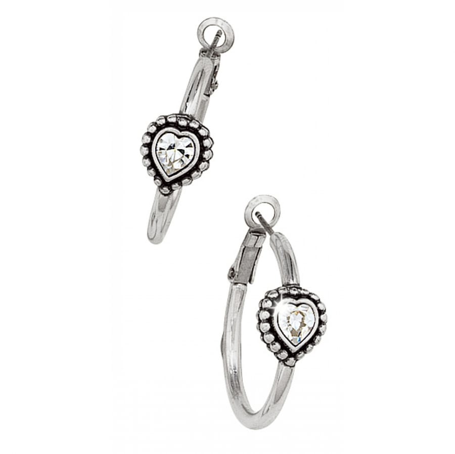 Brighton silver-plated hoop earrings with beaded heart stations and crystal centers on a white background
