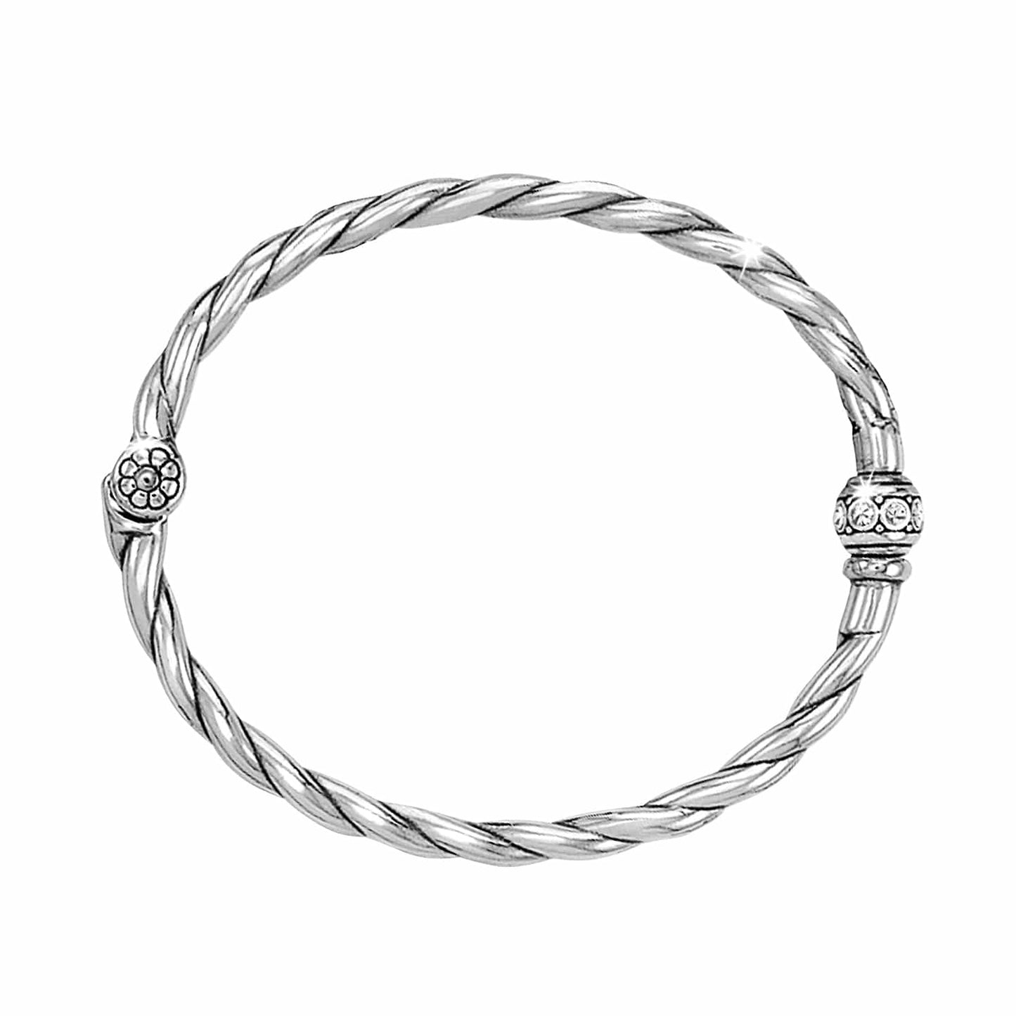 Brighton twisted rope bangle bracelet with silver-plated flower and crystal bead accents on a white background