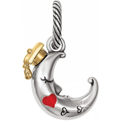 Brighton crescent moon charm with silver-plated finish, gold-tone graduation cap, and red heart accent on a white background