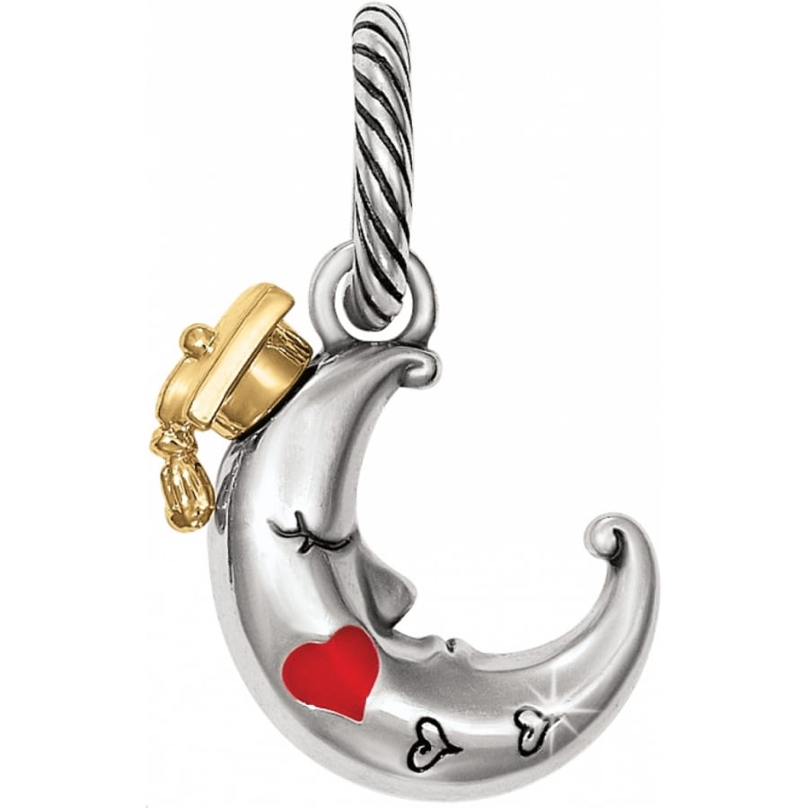 Brighton crescent moon charm with silver-plated finish, gold-tone graduation cap, and red heart accent on a white background