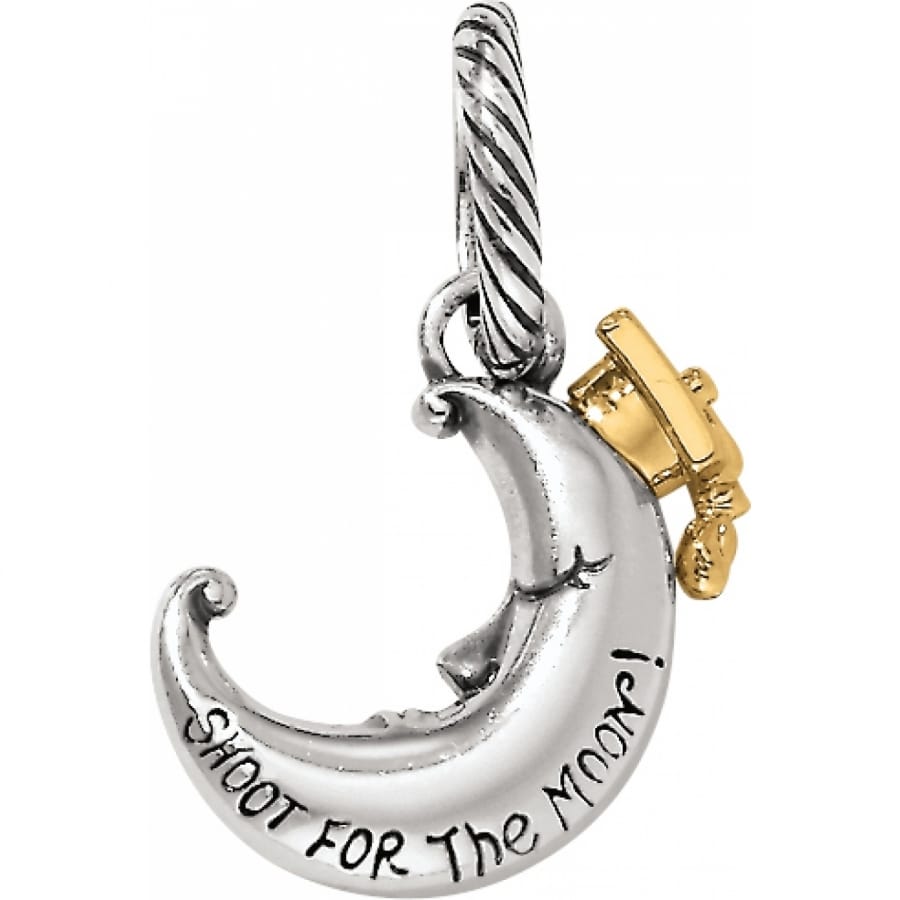 Brighton charm featuring silver-plated crescent moon engraved Shoot For The Moon with gold-tone rocket on a white background