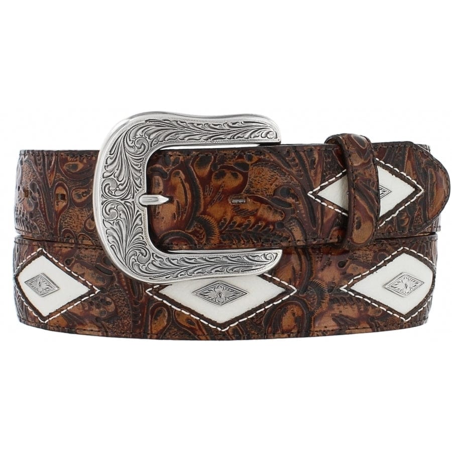 Brighton tooled leather belt with white diamond inlays, ornate silver-tone buckle, and floral embossing on a white background