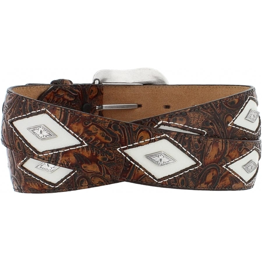 Brighton tooled leather belt with white diamond conchos, silver-tone buckle, and embossed paisley pattern on a white background