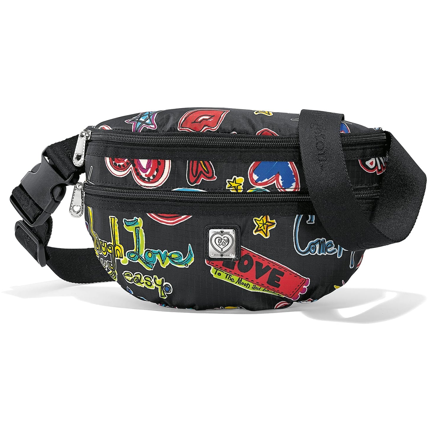 Brighton belt bag with black graphic print featuring hearts, stars, and love script with adjustable strap on a white background