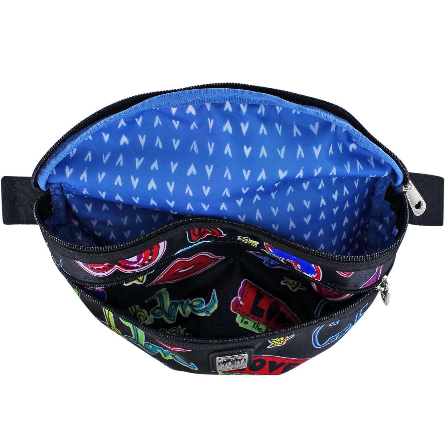 Brighton belt bag shown open with blue heart-print lining and graffiti-style love print exterior on a white background