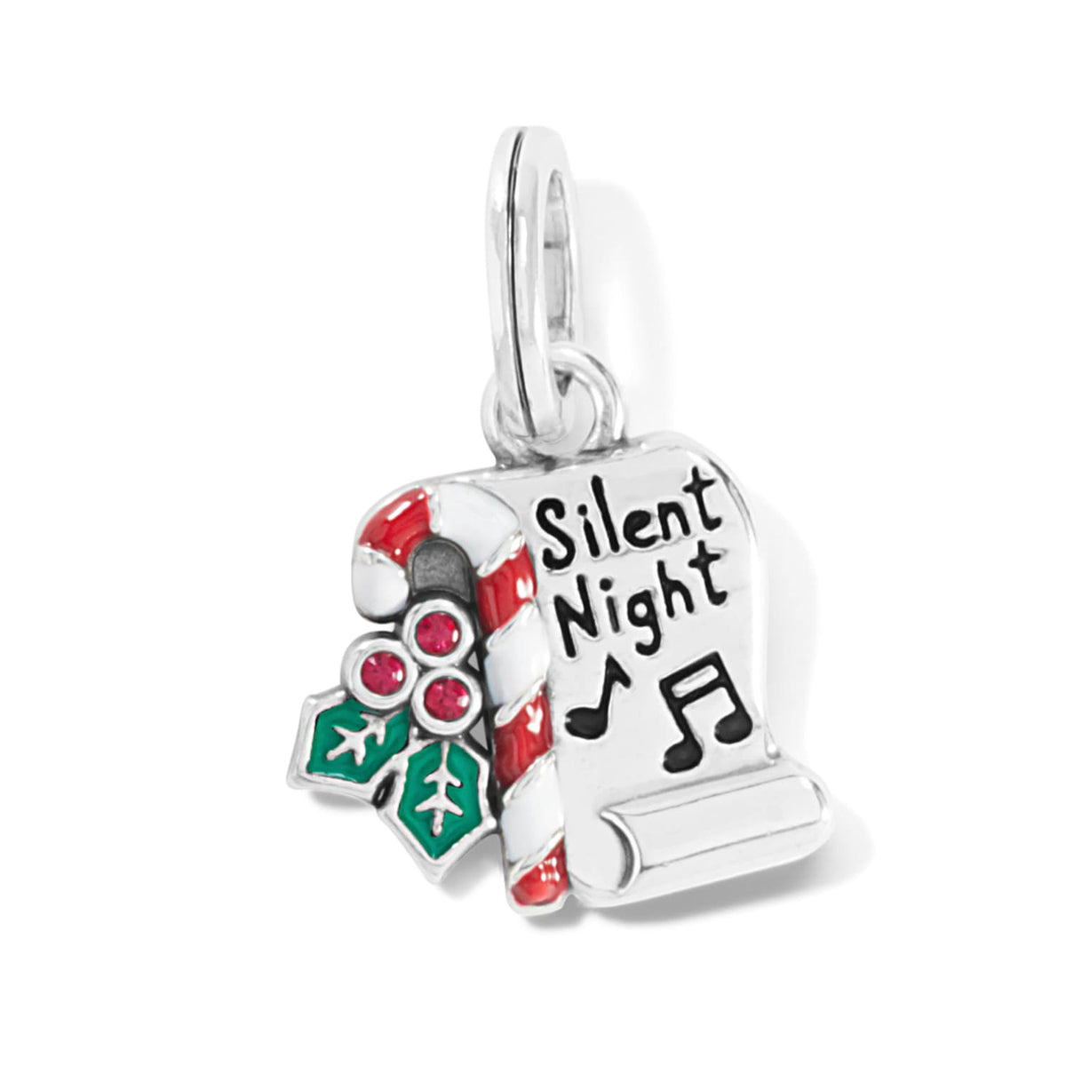Brighton Silent Night charm with candy cane, holly leaves, pink crystals, and silver-plated scroll on a white background