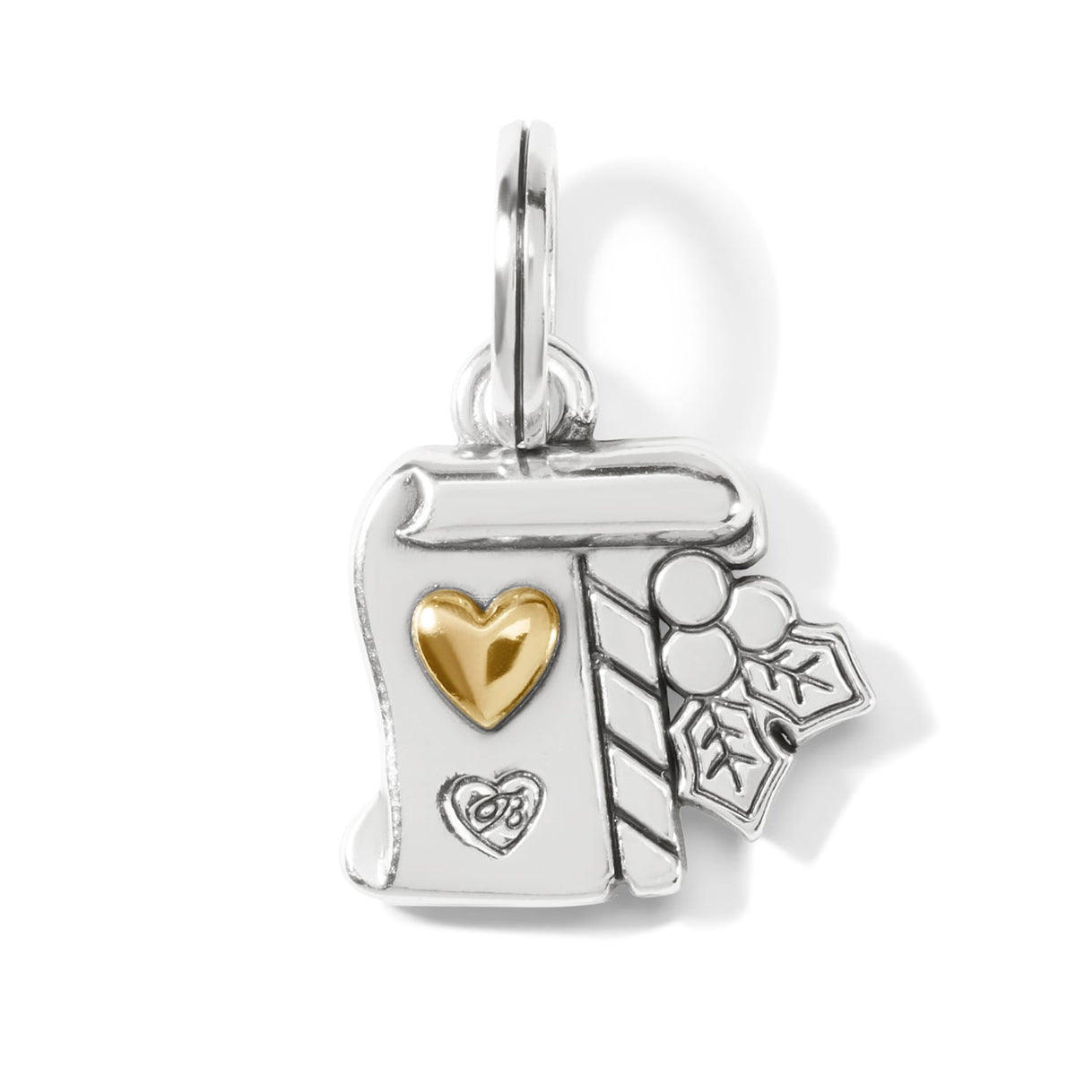 Brighton silver-plated charm shaped like a mailbox with gold heart and holly leaf accents on a white background