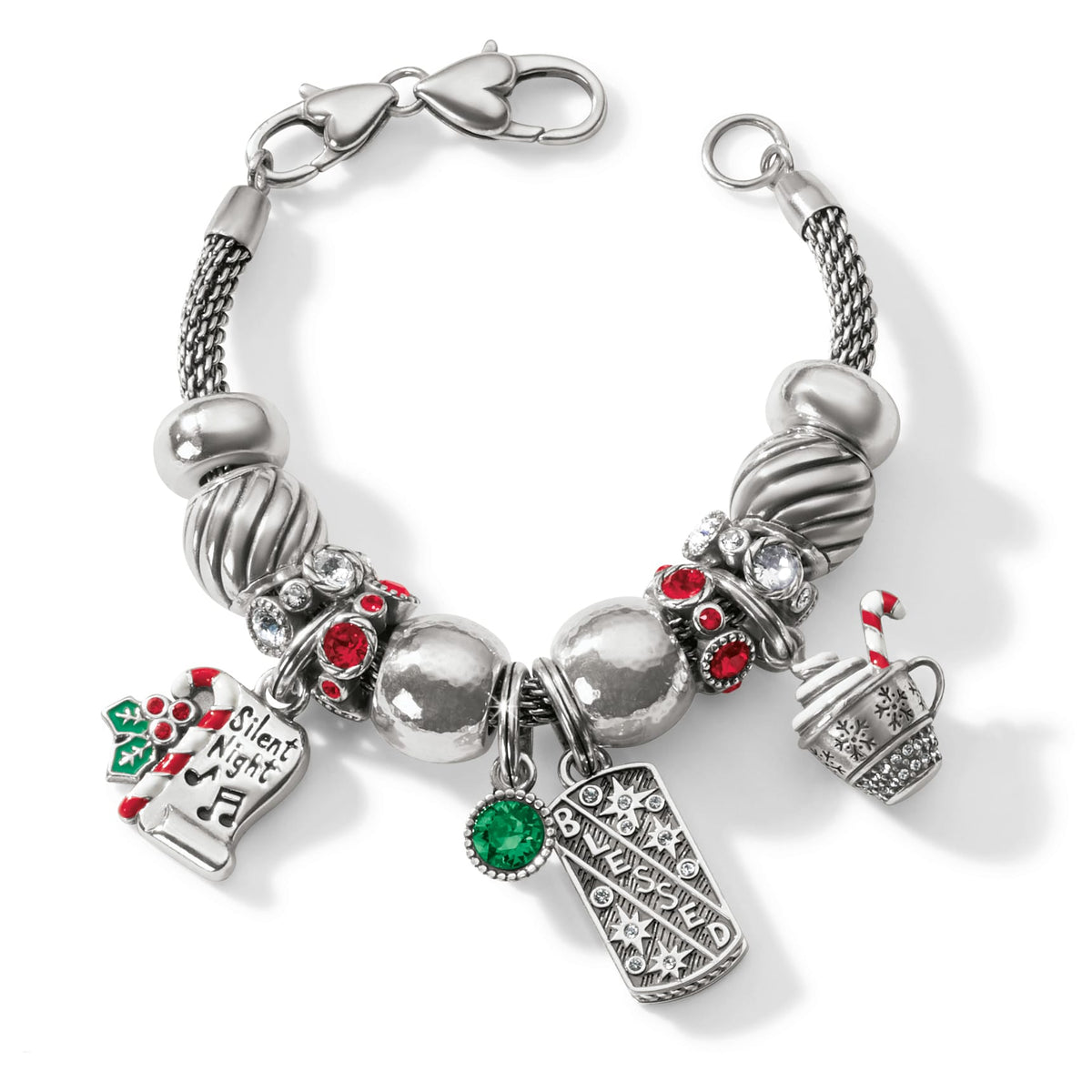 Brighton charm bracelet with silver-plated beads, red and green crystals, candy cane, and Blessed charm on a white background