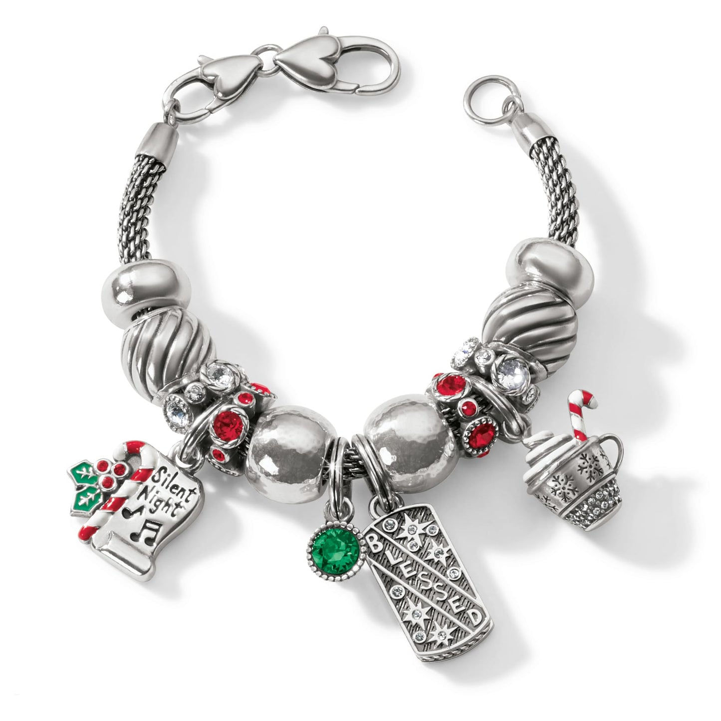 Brighton charm bracelet with silver-plated beads, red and green crystals, candy cane, and Blessed charm on a white background