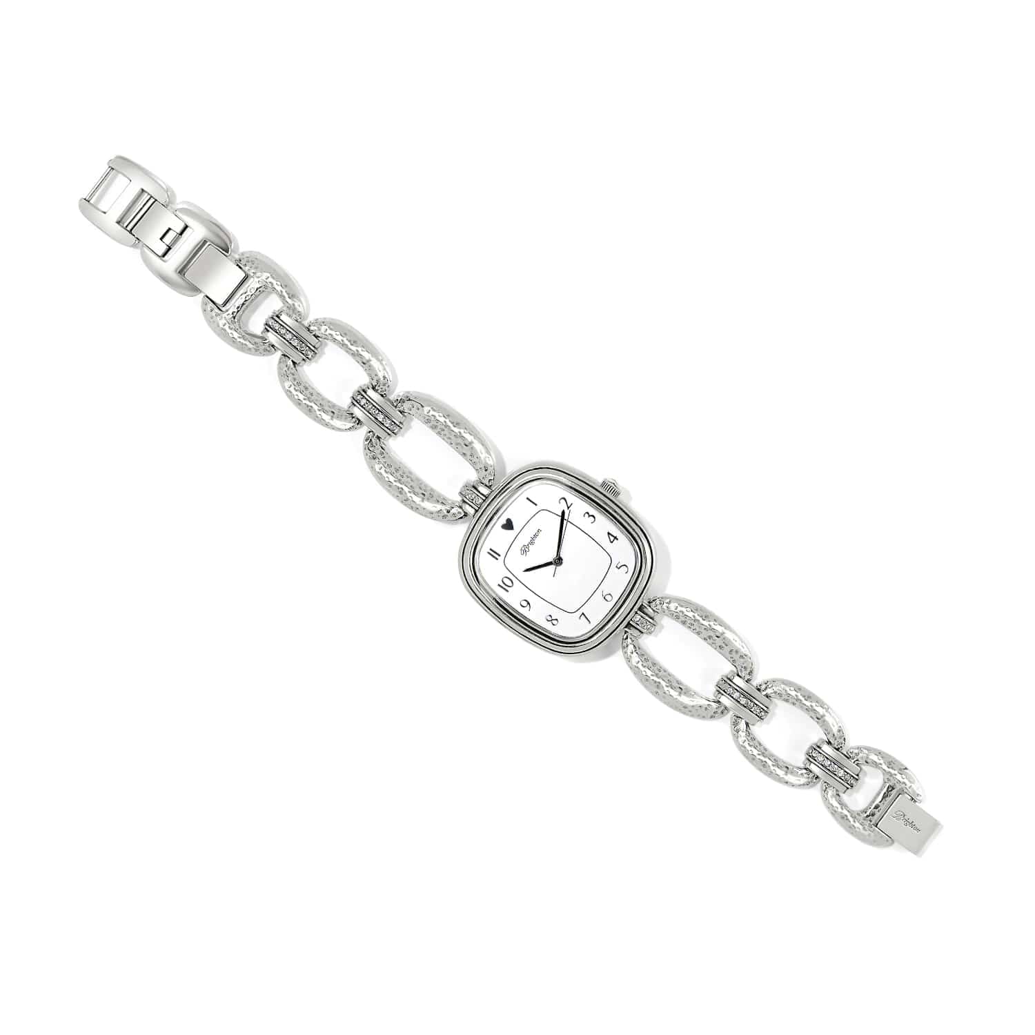 Brighton watch with square white dial, hammered silver-plated chain link band, and crystal accents on a white background