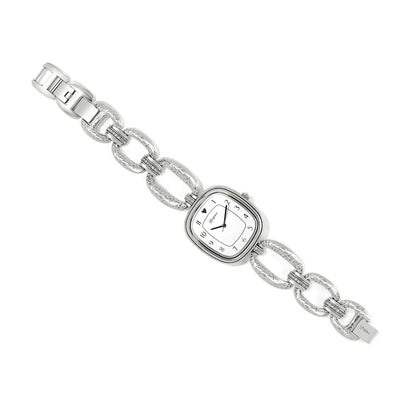 Brighton watch with square white dial, hammered silver-plated chain link band, and crystal accents on a white background