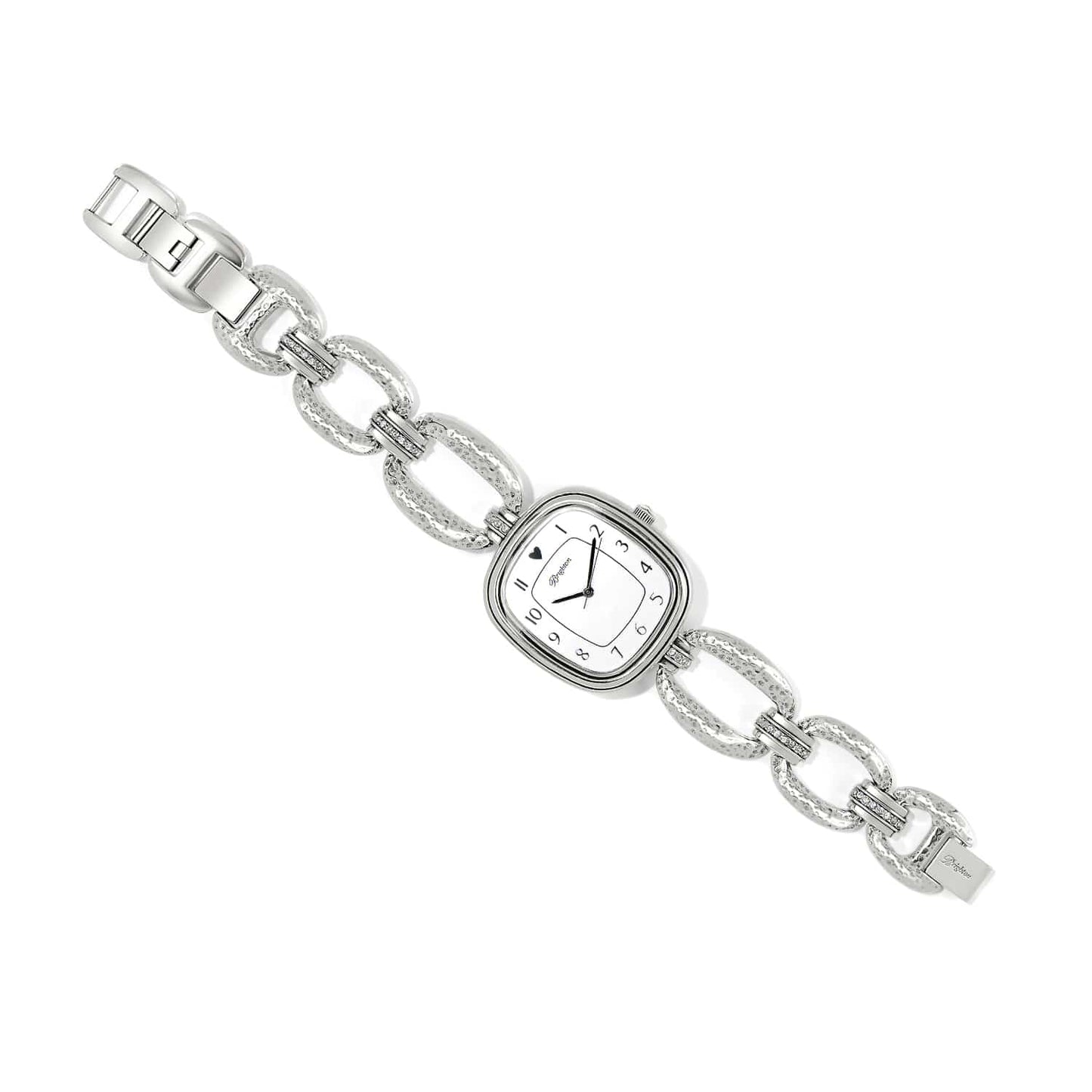 Brighton watch with square white dial, hammered silver-plated chain link band, and crystal accents on a white background