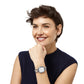 Model wearing a Brighton silver-plated watch with square dial and crystal-accented link bracelet band