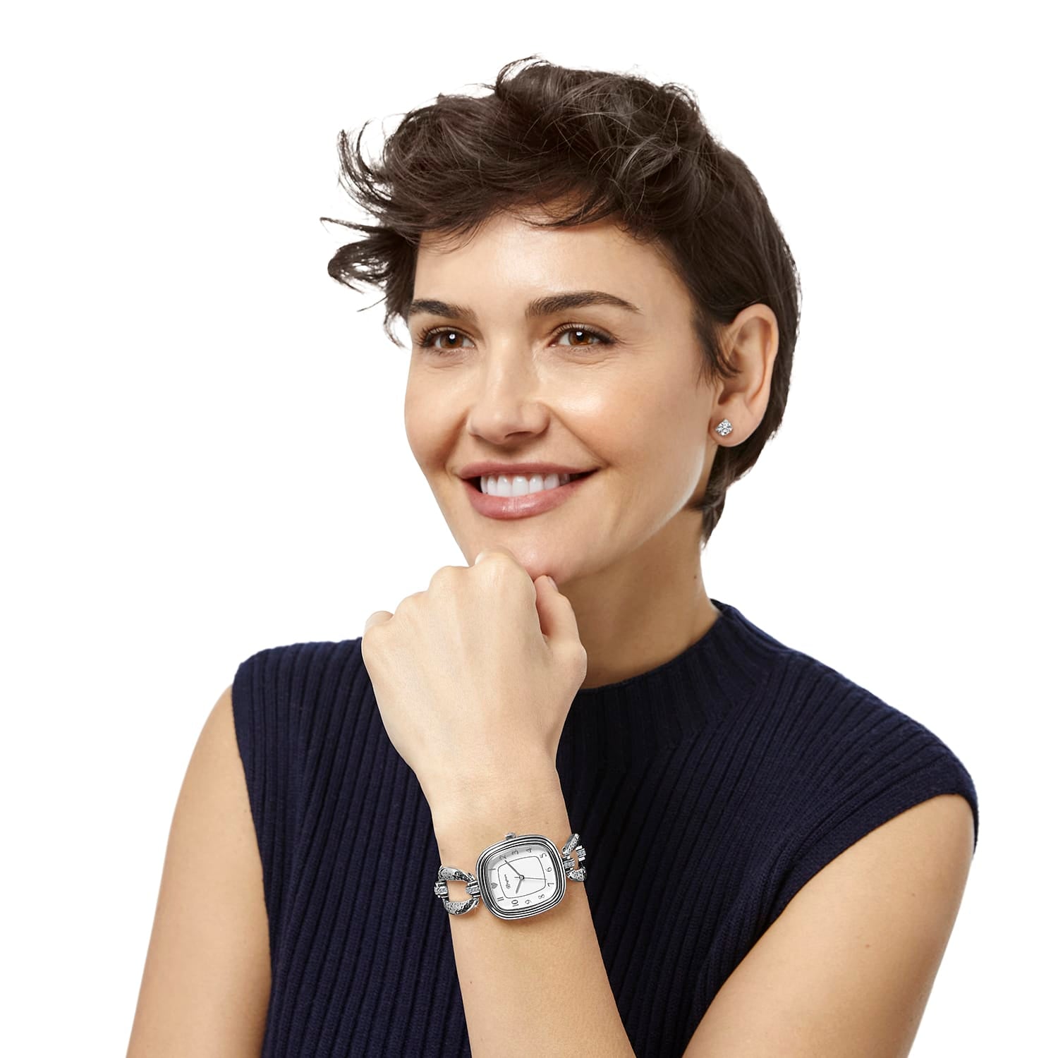 Model wearing a Brighton silver-plated watch with square dial and crystal-accented link bracelet band