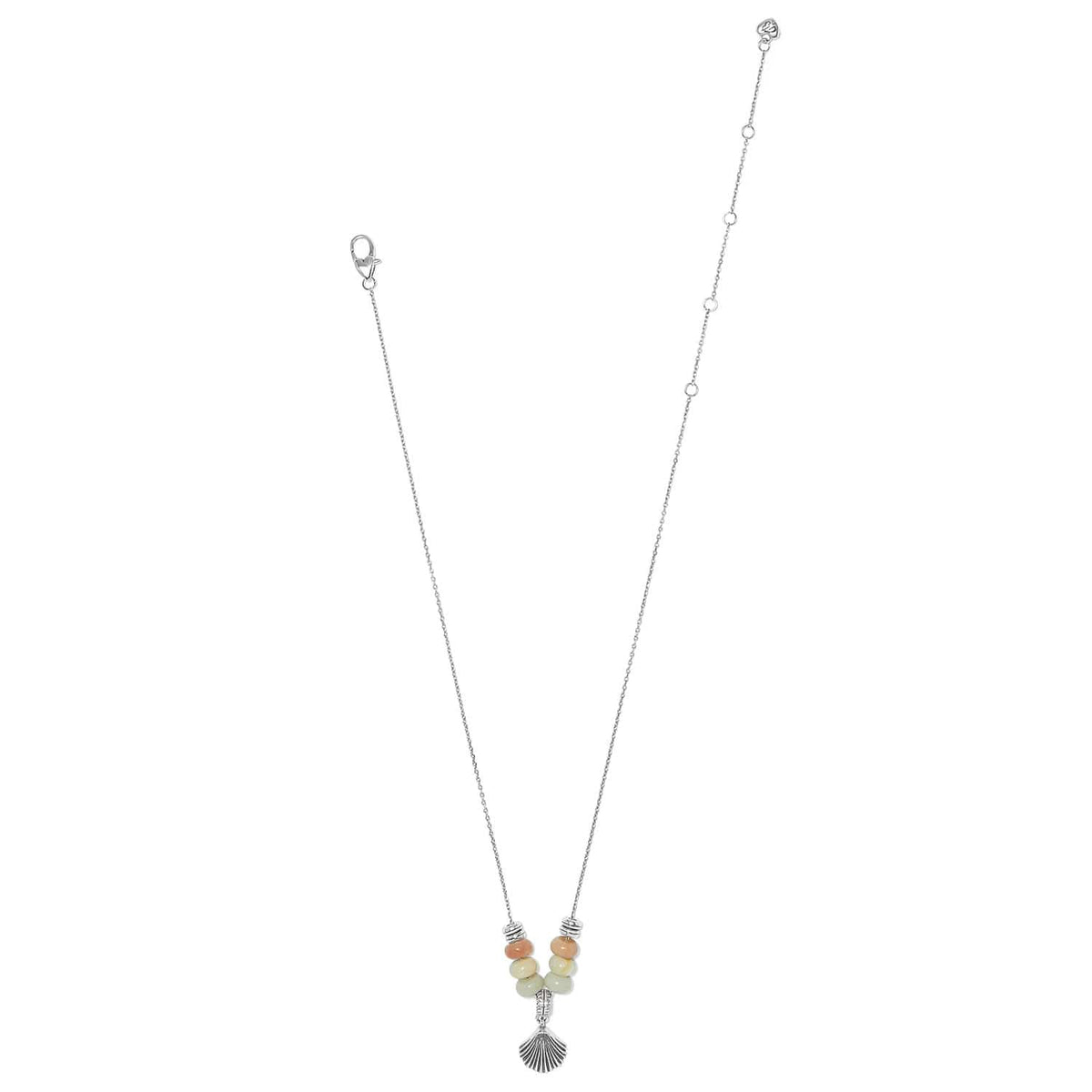 Brighton silver-plated necklace with peach and pale green beads and shell pendant on a white background