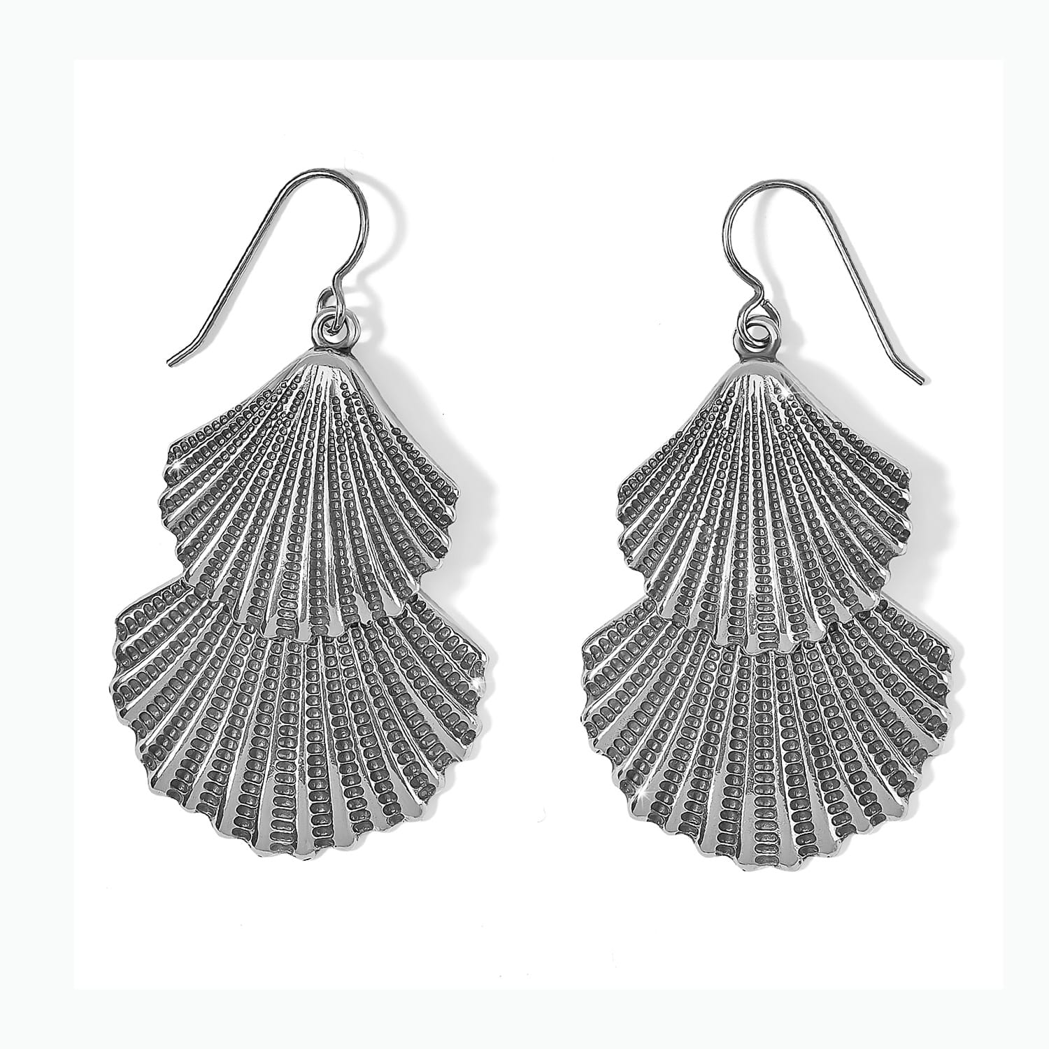 Brighton drop earrings with silver-plated layered scallop shell design and textured detailing on a white background