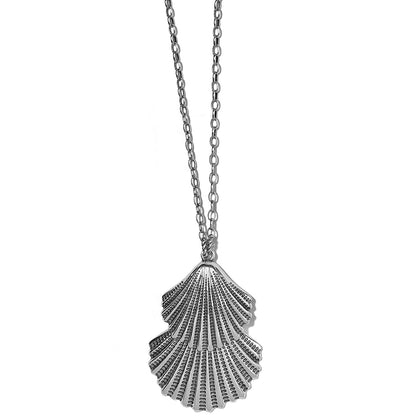 Brighton pendant necklace with silver-plated textured seashell design on a long cable chain on a white background
