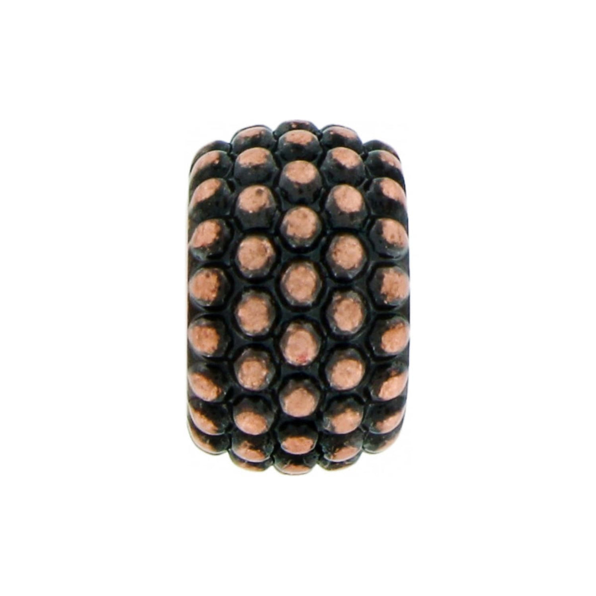 Brighton bead charm with copper-toned dotted texture and dark oxidized accents in a barrel shape on a white background