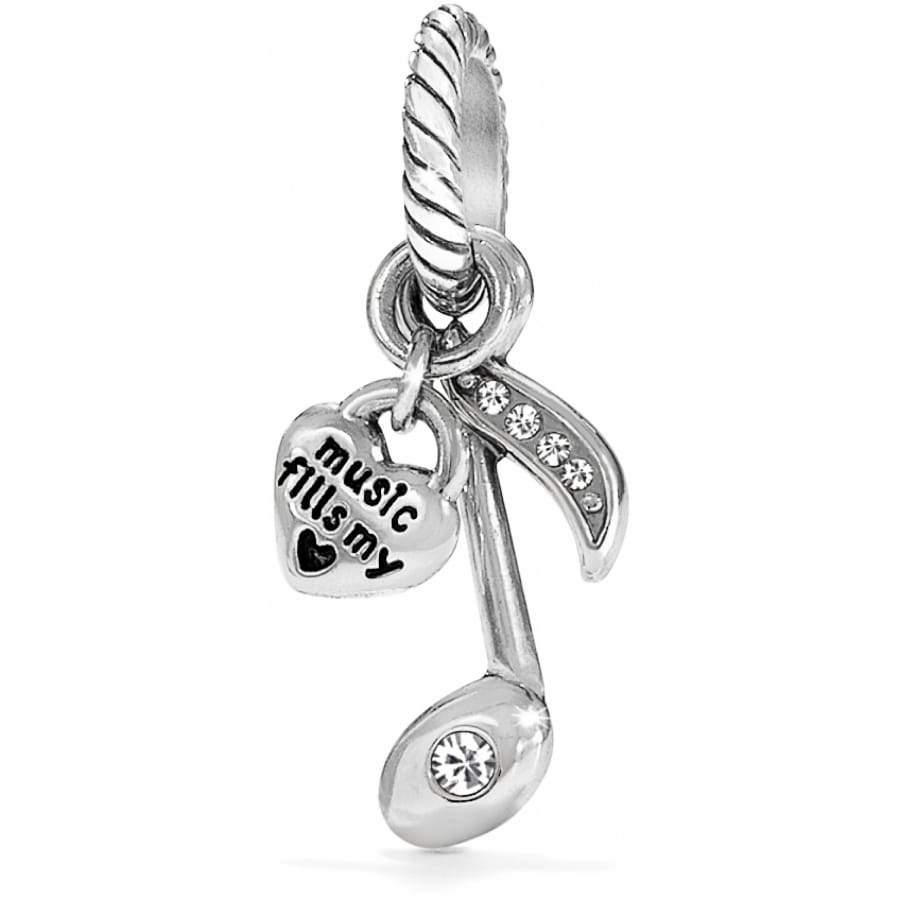 Brighton music note charm with silver-plated finish, engraved heart, and crystal accents on a white background