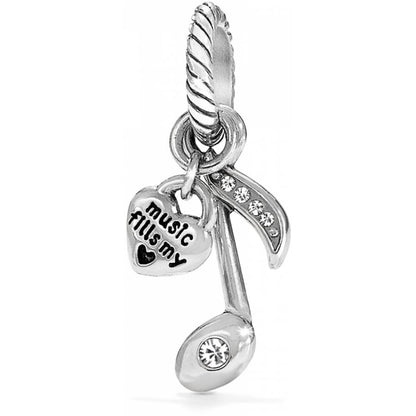Brighton music note charm with silver-plated finish, engraved heart, and crystal accents on a white background