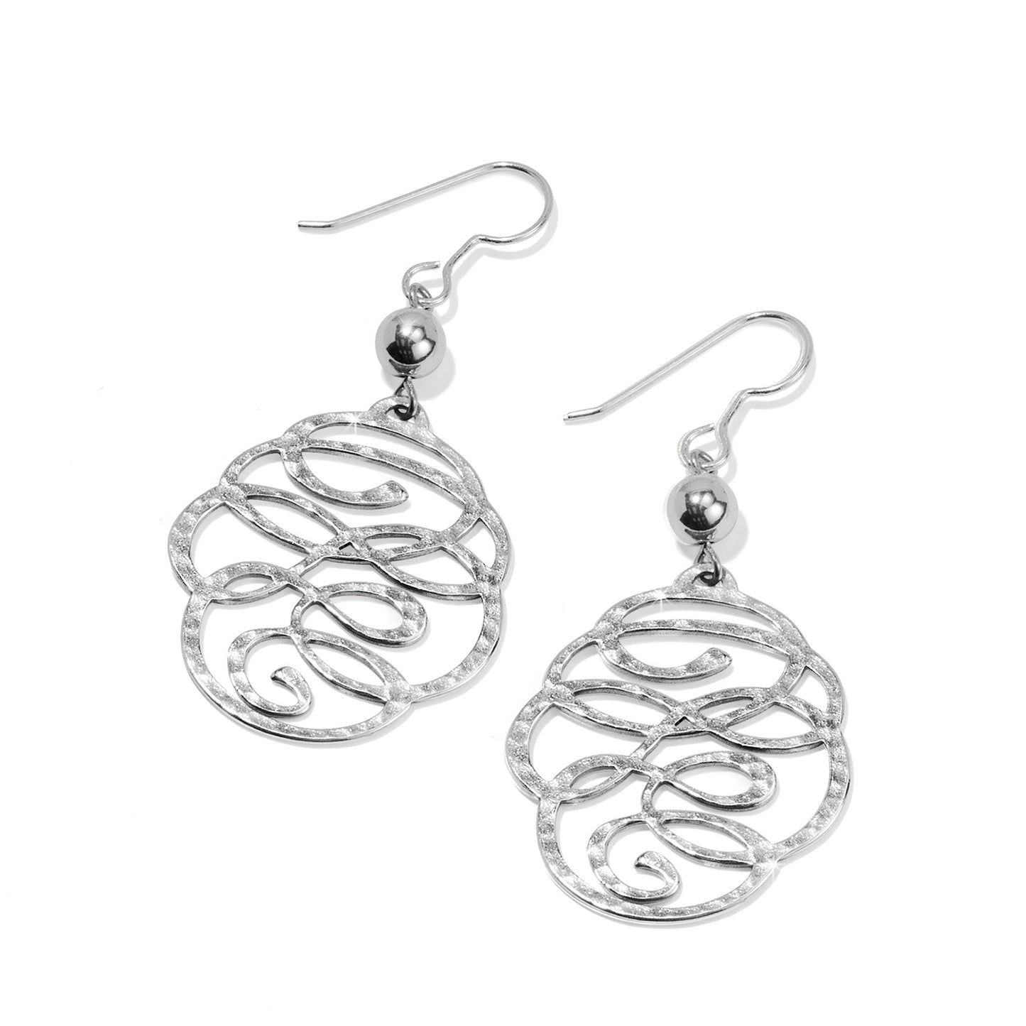 Brighton drop earrings with silver-plated hammered openwork swirl medallions and small bead accents on a white background